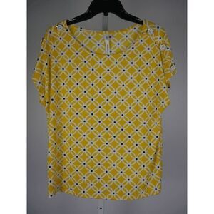 NY Collection Women's Button-Accent Short Sleeve Floral Top Yellow PL